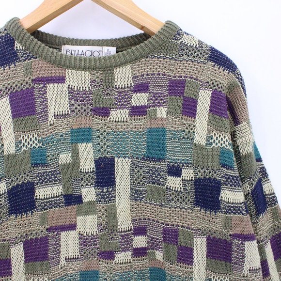 Vintage Bellagio Sweater Mens Brown Pullover Geometric Pattern Knit Italy 90s - Picture 2 of 10